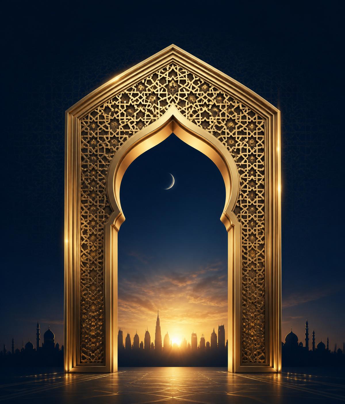 Golden Islamic gateway opening to a sunrise skyline